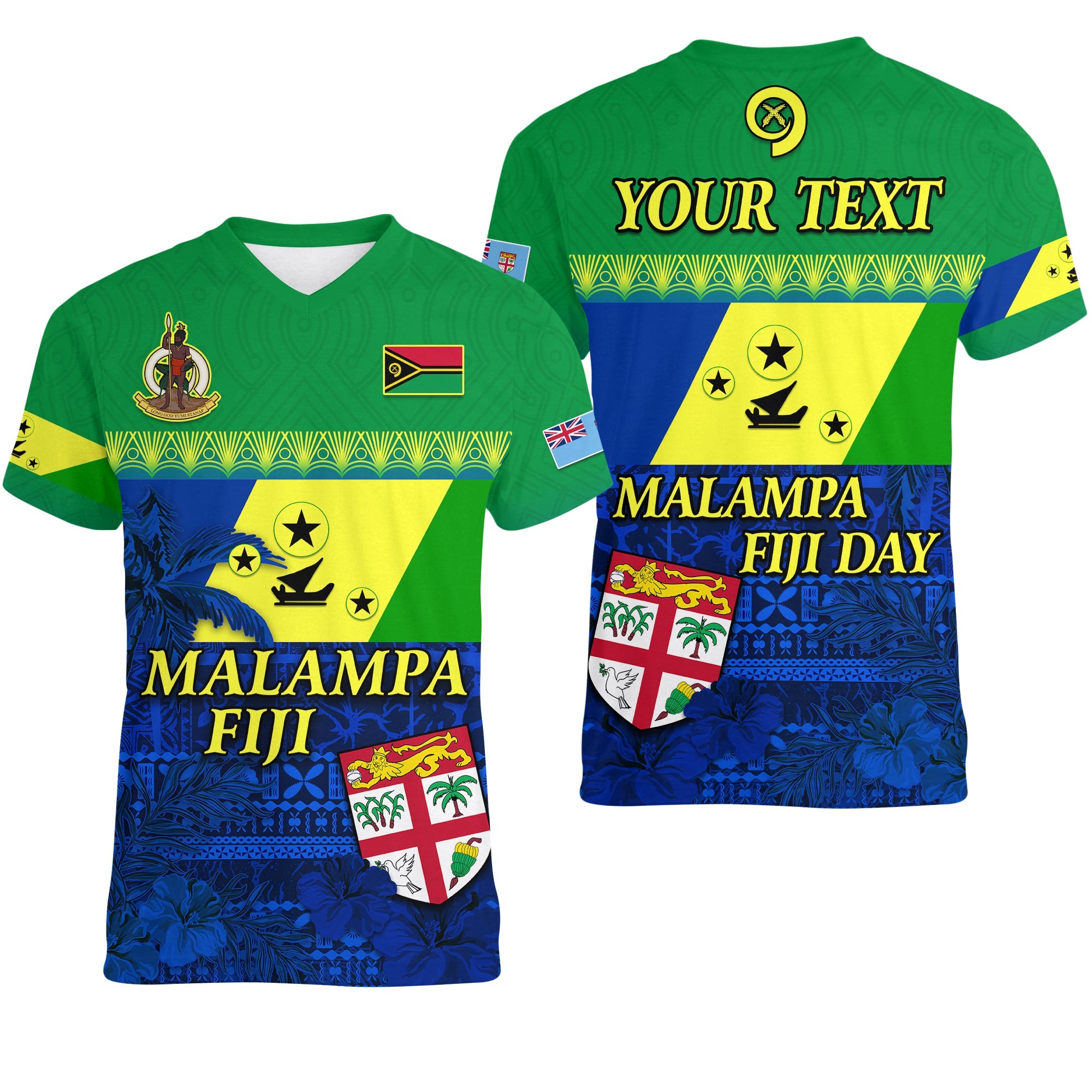 Custom Malampa Fiji Day V Neck T Shirt Vanuatuan Polynesia mix Flowers LT13 Green - Polynesian Pride