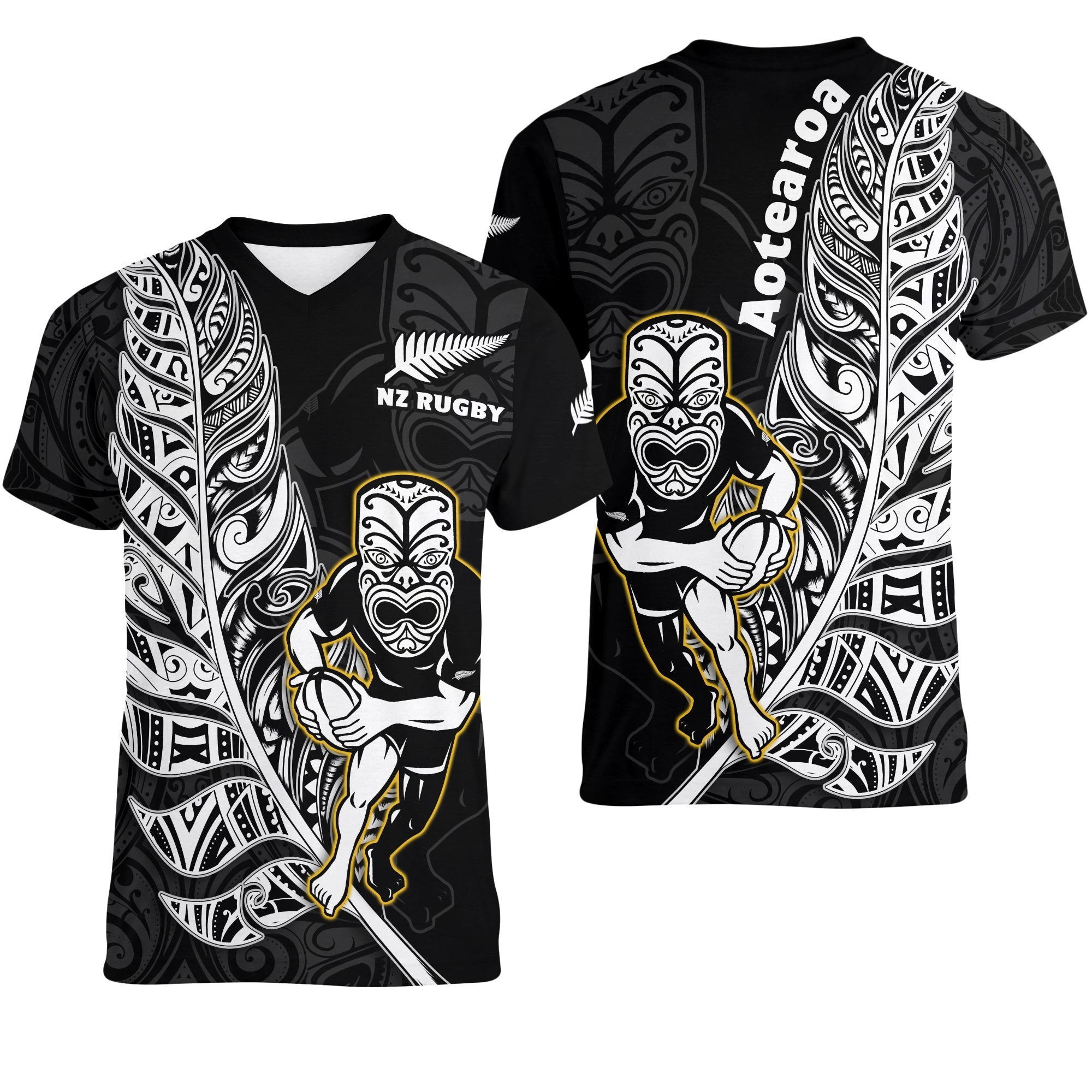 New Zealand Silver Fern Rugby V-Neck T Shirt All Black Maori Version Black LT14 Female Black - Polynesian Pride