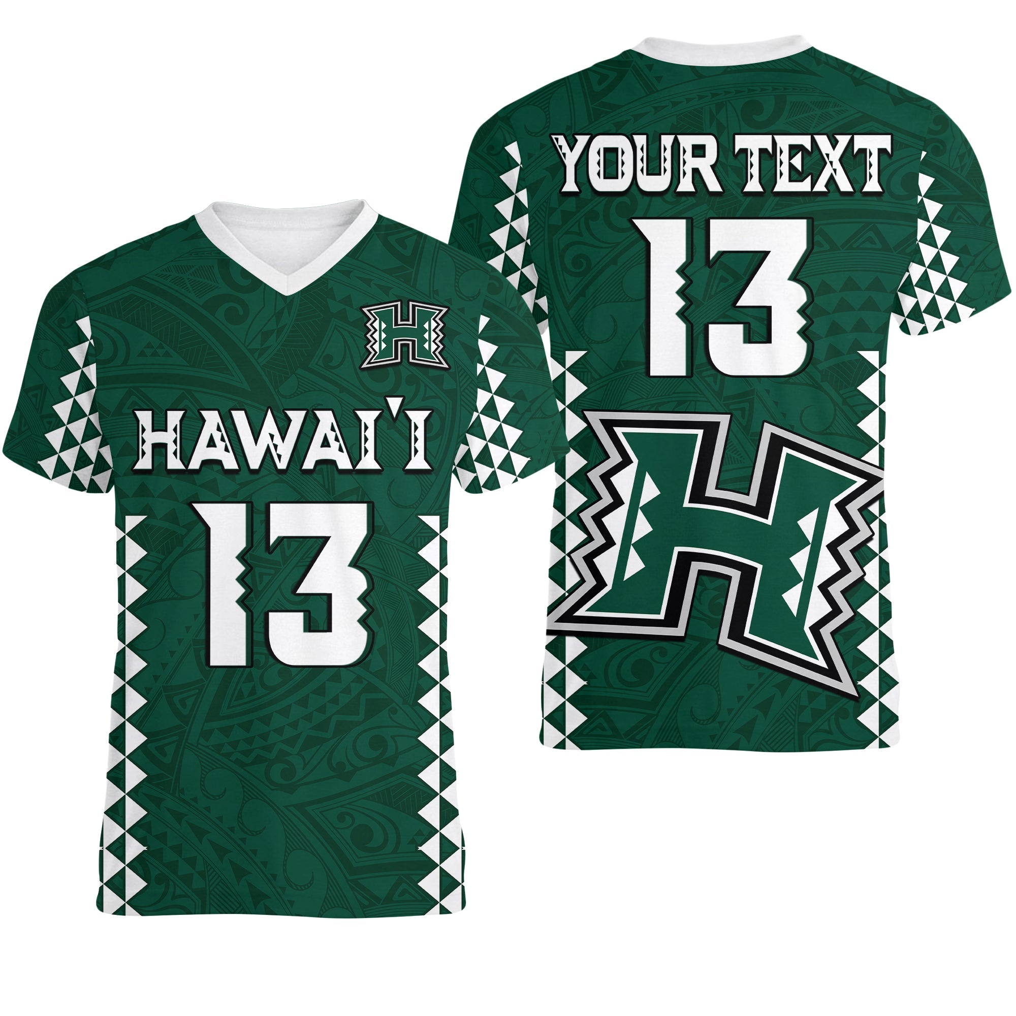 (Custom Text and Number) Hawaii Football V-Neck T Shirt Kakau Warrior Be Stronger LT13 Female Green - Polynesian Pride