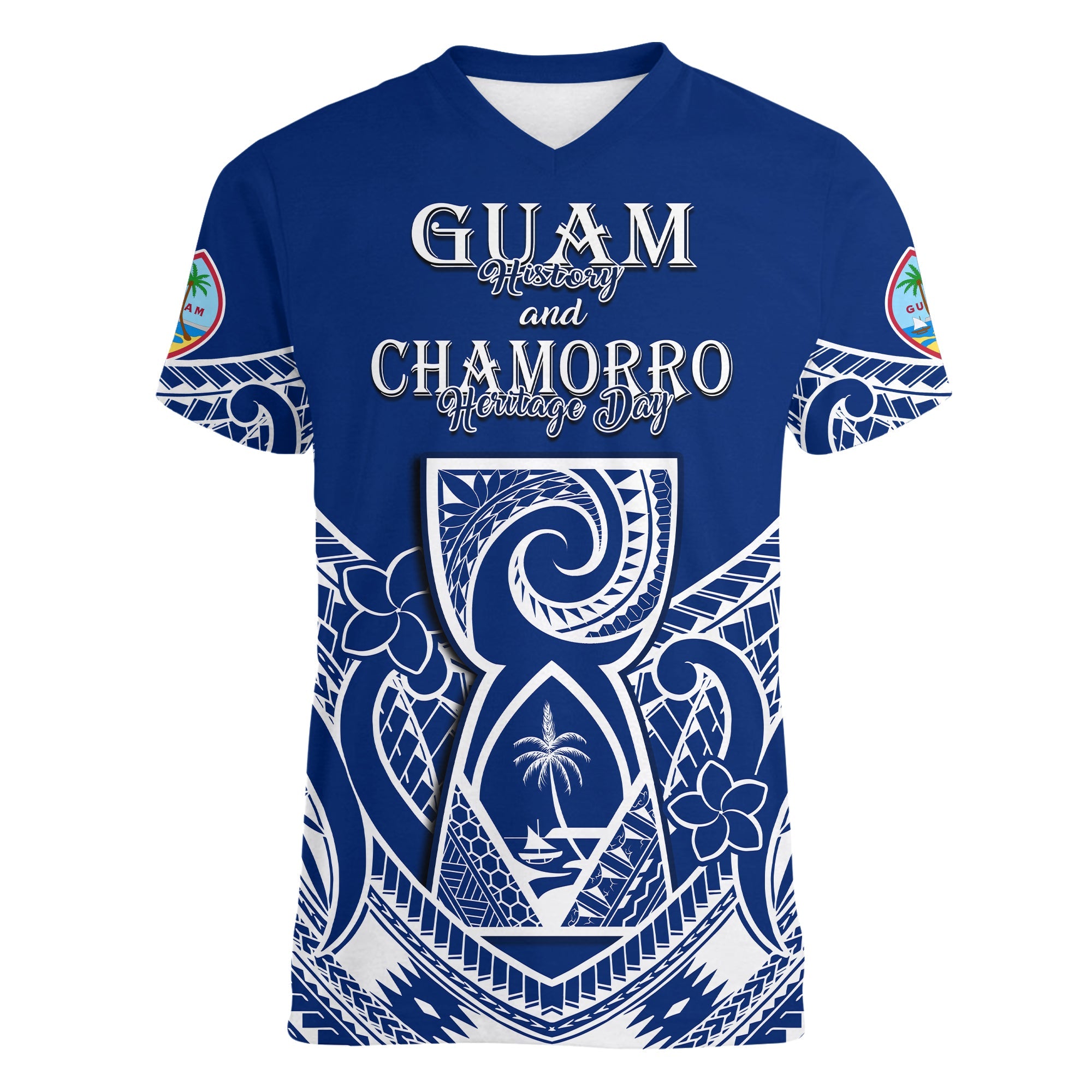 (Custom Personalised) Guam History and Chamorro Heritage Day V-Neck T Shirt Latte Stone Polynesian LT14 Female Blue - Polynesian Pride