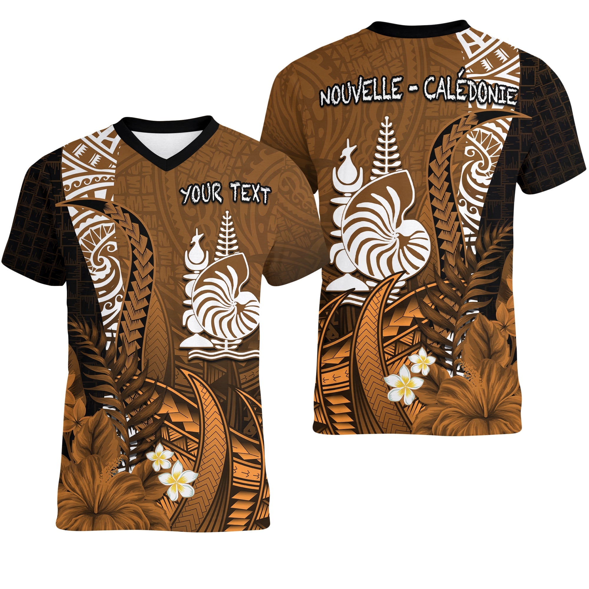 (Custom Personalised) New Caledonia V-Neck T Shirt Nautilus Gold Polynesian Hibiscus LT13 Female Gold - Polynesian Pride