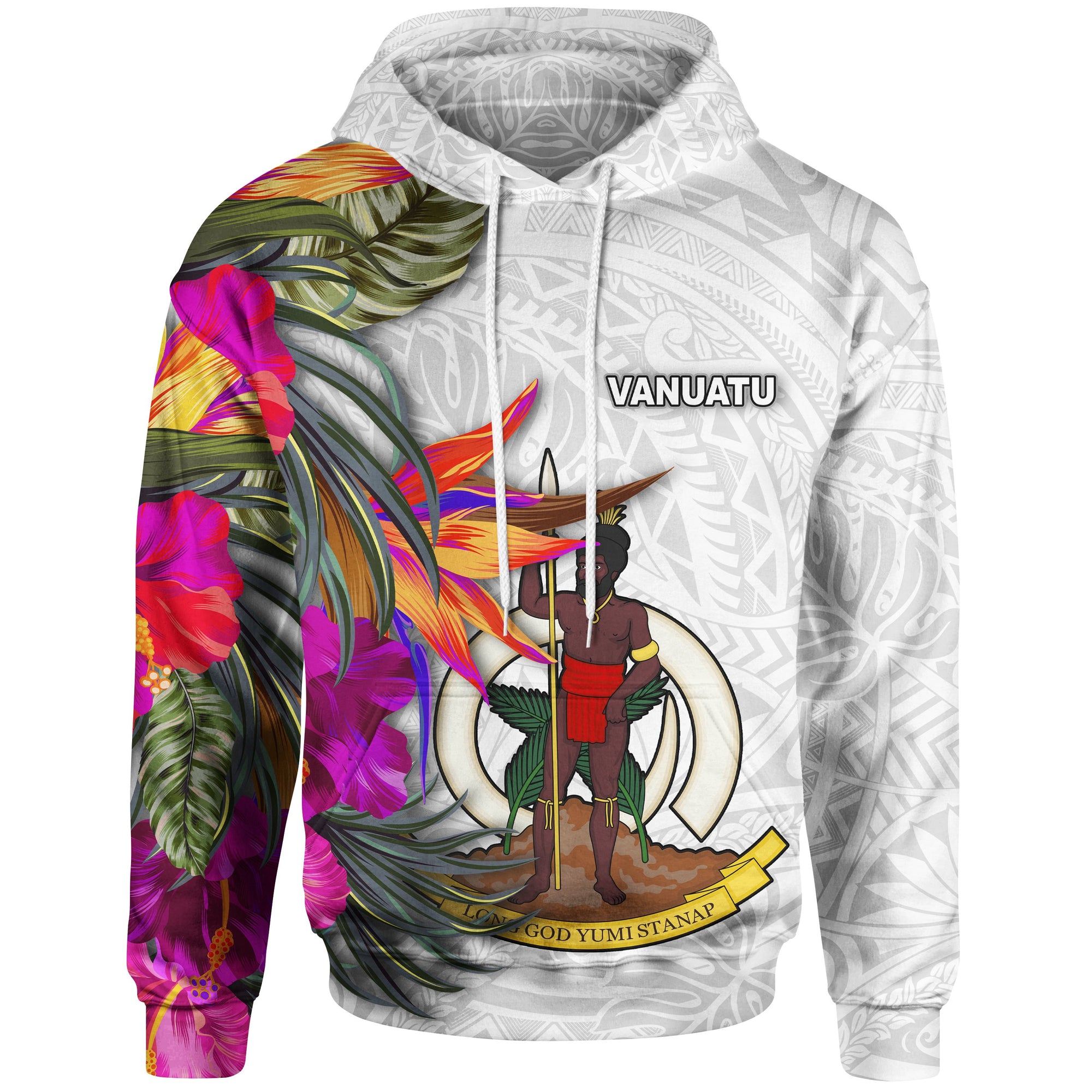 Vanuatu Hoodie Hibiscus Polynesian White pattern Unisex White - Polynesian Pride