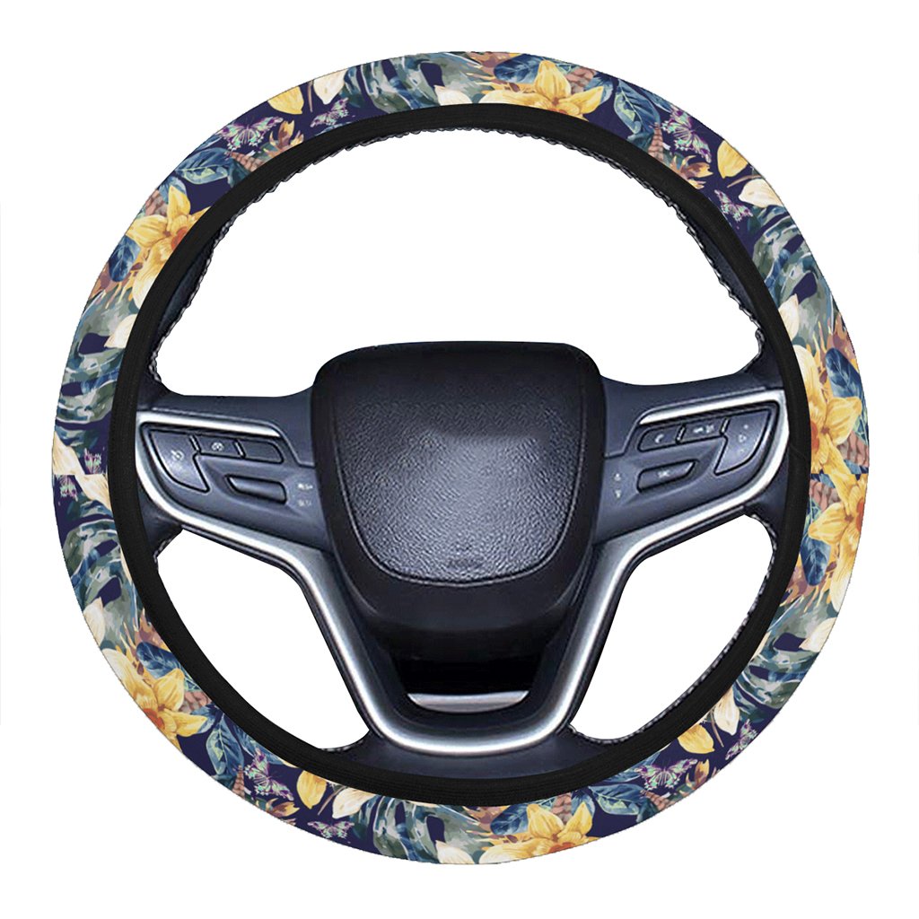 Vintage Floral Hawaii Universal Steering Wheel Cover with Elastic Edge One Size Blue Steering Wheel Cover - Polynesian Pride