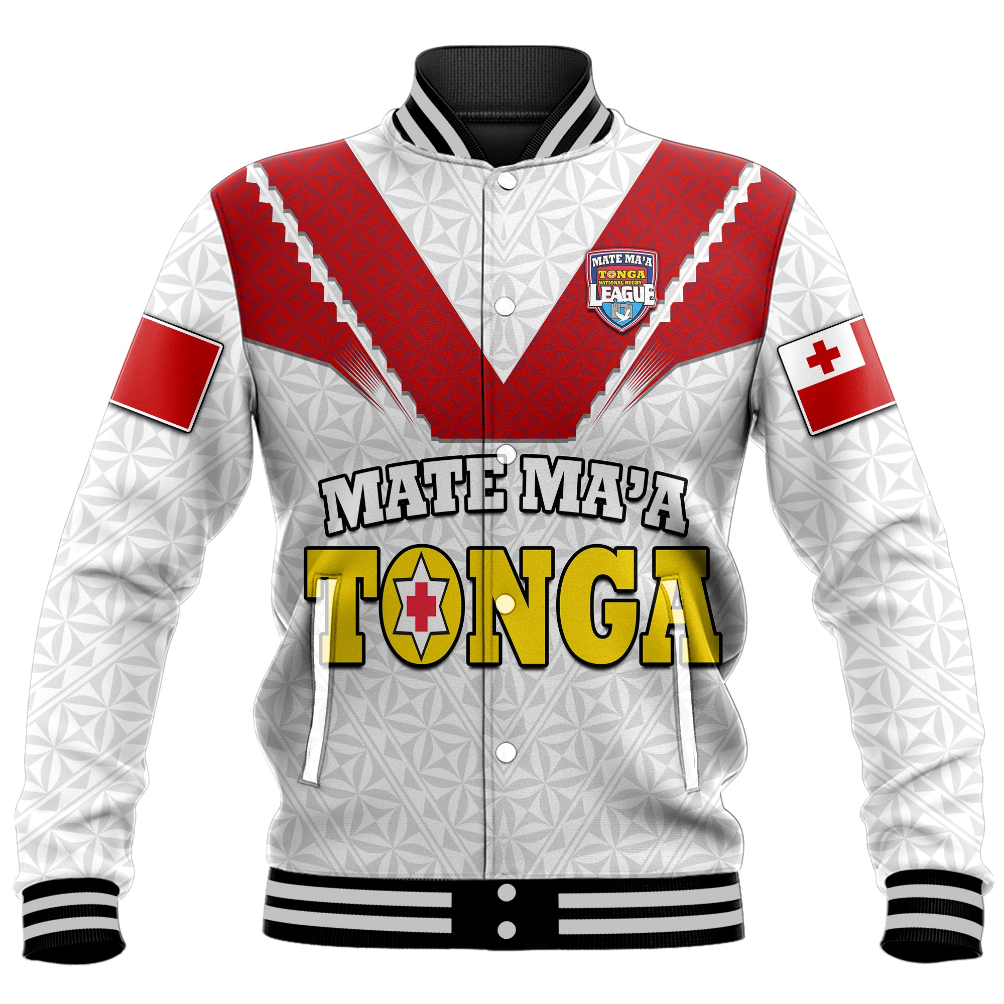 (Custom Personalised) Mate Ma'a Tonga Rugby Baseball Jacket Tongan Kupesi White Style LT9 - Polynesian Pride