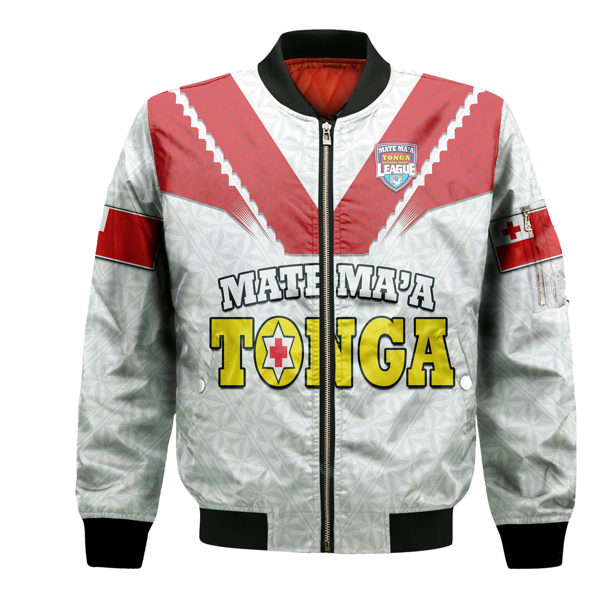 (Custom Personalised) Mate Ma'a Tonga Rugby Bomber Jacket Tongan Kupesi White Style LT9 - Polynesian Pride