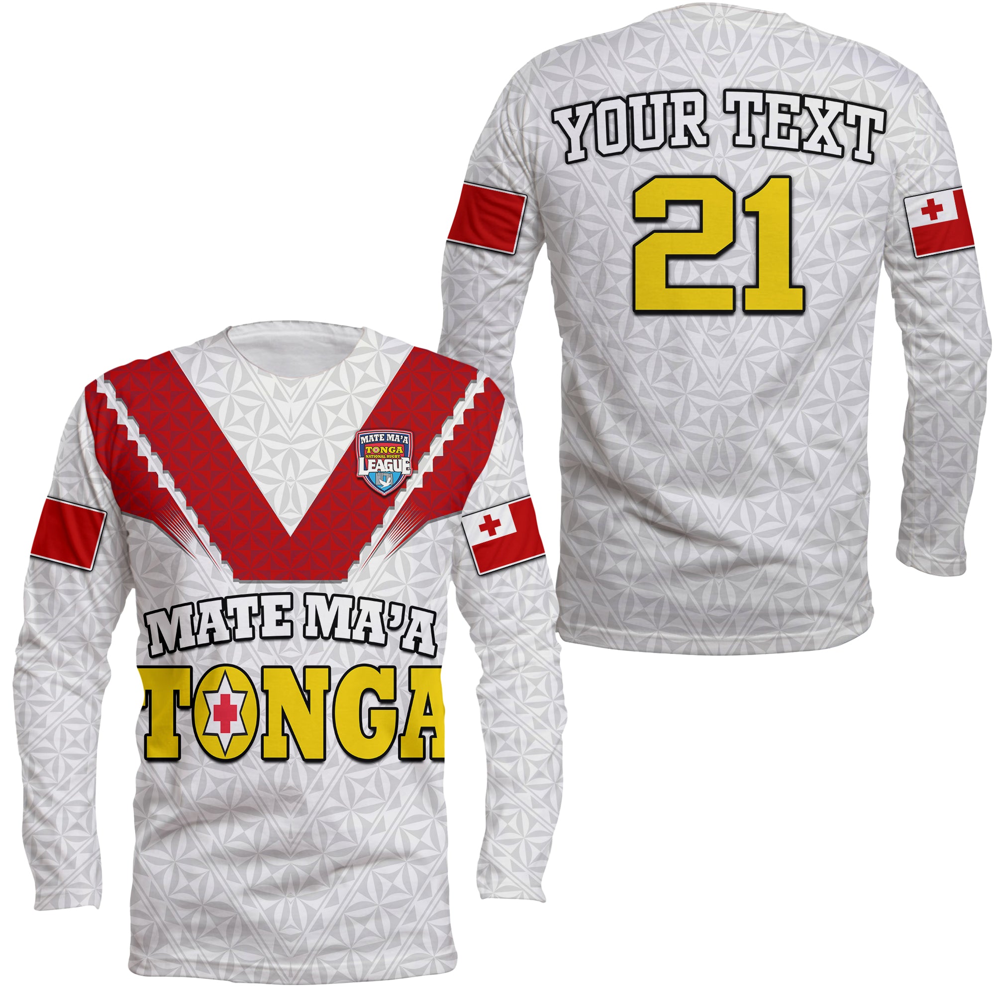 (Custom Personalised) Mate Ma'a Tonga Rugby Long Sleeve Shirt Tongan Kupesi White Style LT9 - Polynesian Pride