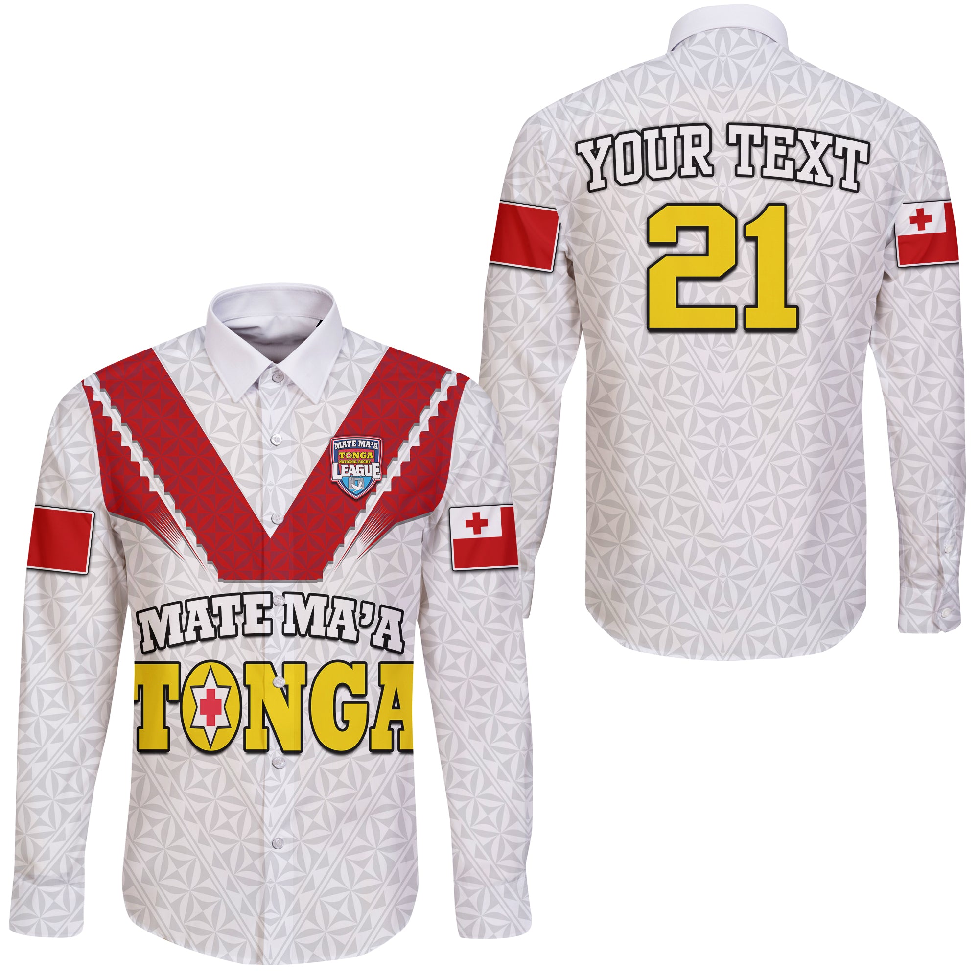 (Custom Personalised) Mate Ma'a Tonga Rugby Hawaii Long Sleeve Button Shirt Tongan Kupesi White Style LT9 - Polynesian Pride