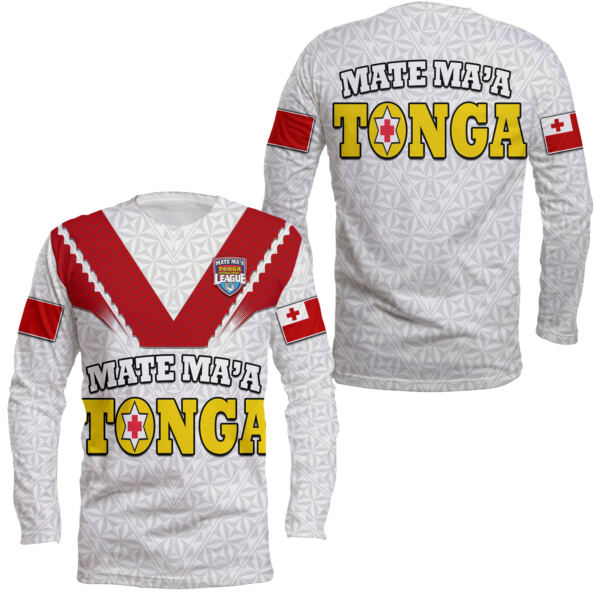 Mate Ma'a Tonga Rugby Long Sleeve Shirt Tongan Kupesi White Style LT9 - Polynesian Pride