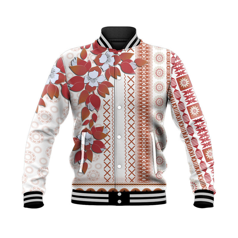 Fiji Baseball Jacket Tagimoucia Mixed White Tapa Style LT9 Unisex White - Polynesian Pride