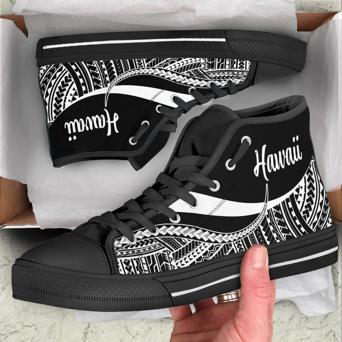 Hawaii High Top Shoes White - Polynesian Tentacle Tribal Pattern Unisex Black - Polynesian Pride