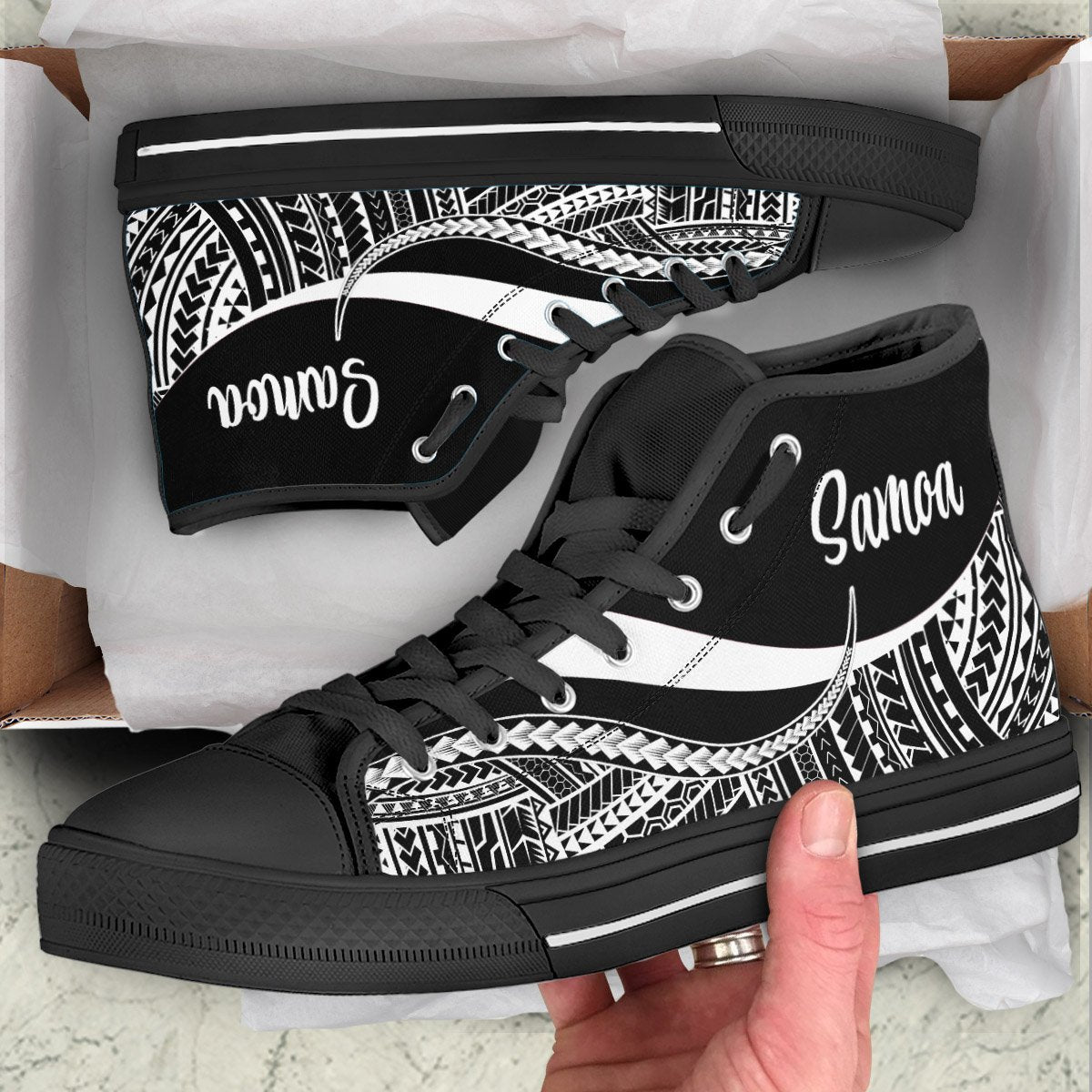 Samoa High Top Shoes White - Polynesian Tentacle Tribal Pattern Kid's High Top Shoe - Black Sole - Polynesian Pride