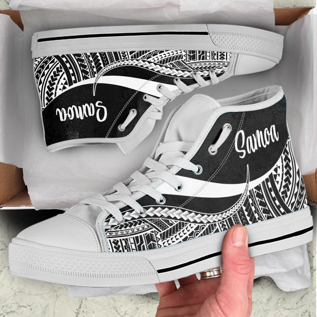 Samoa High Top Shoes White - Polynesian Tentacle Tribal Pattern Kid's High Top Shoe - White Sole - Polynesian Pride