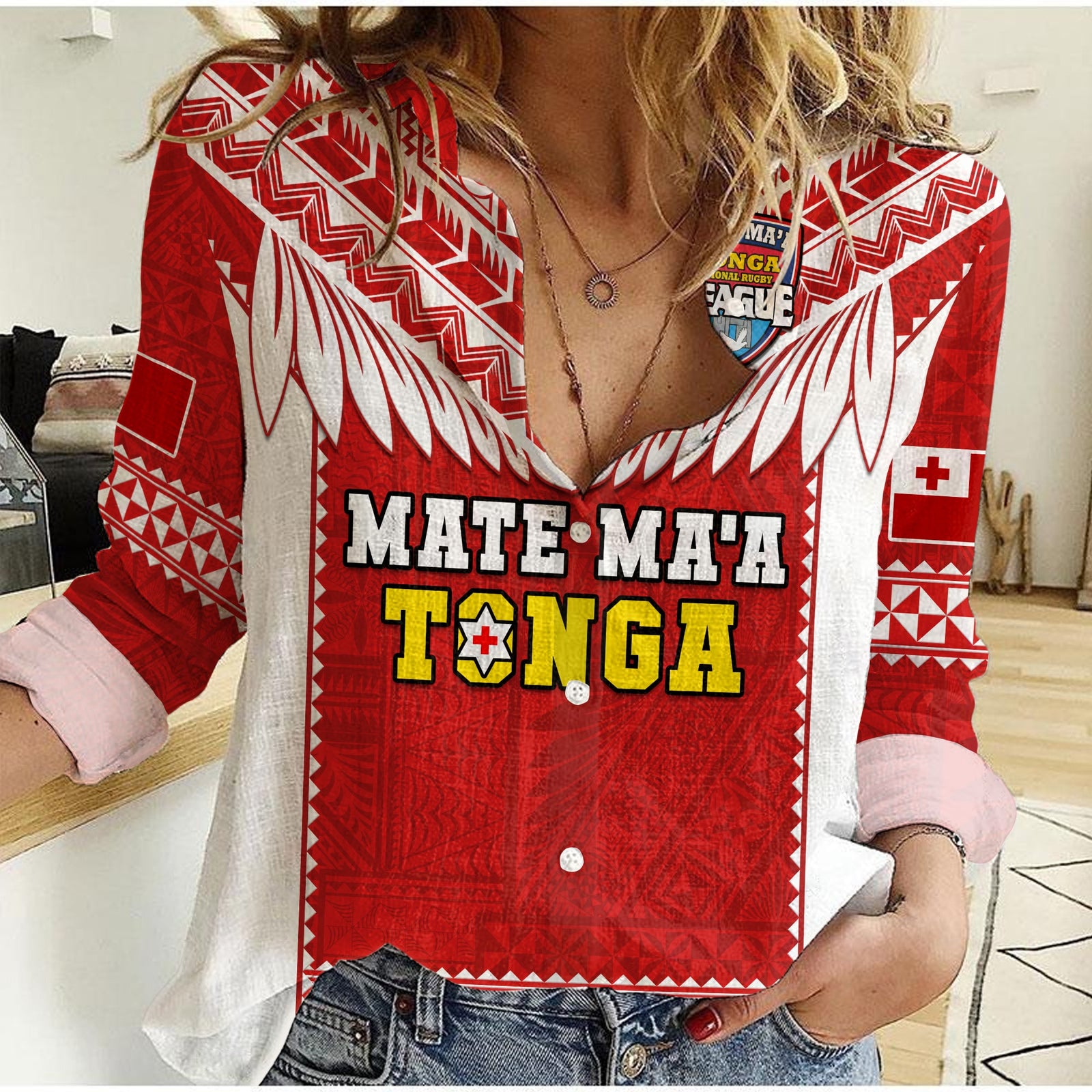 (Custom Text And Number) Tonga Rugby Women Casual Shirt Mate Maa Tonga Pacific Ngatu White LT14 Female Red - Polynesian Pride