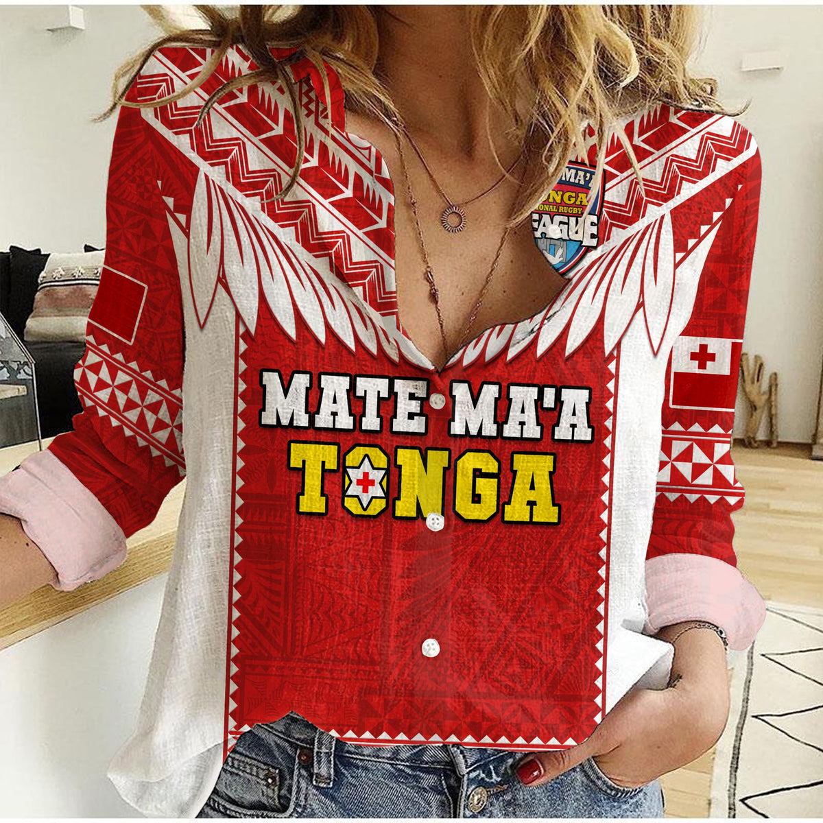 Tonga Rugby Women Casual Shirt Mate Maa Tonga Pacific Ngatu White LT14 Female Red - Polynesian Pride