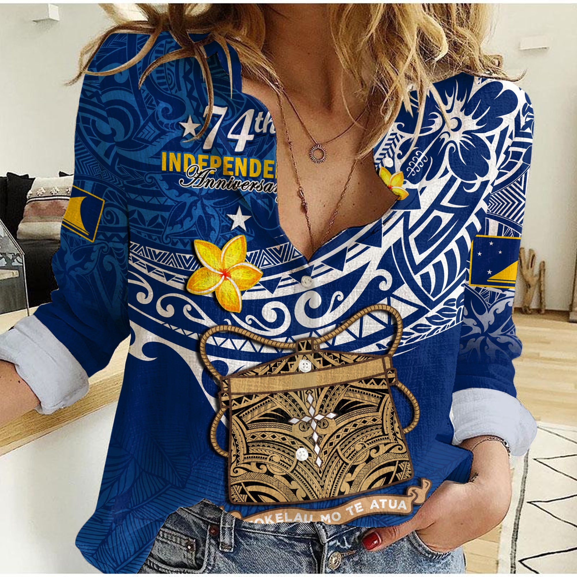 (Custom Personalised) Tokelau Women Casual Shirt National Badge Polynesian Happy 74th Independence Anniversary LT14 Female Blue - Polynesian Pride