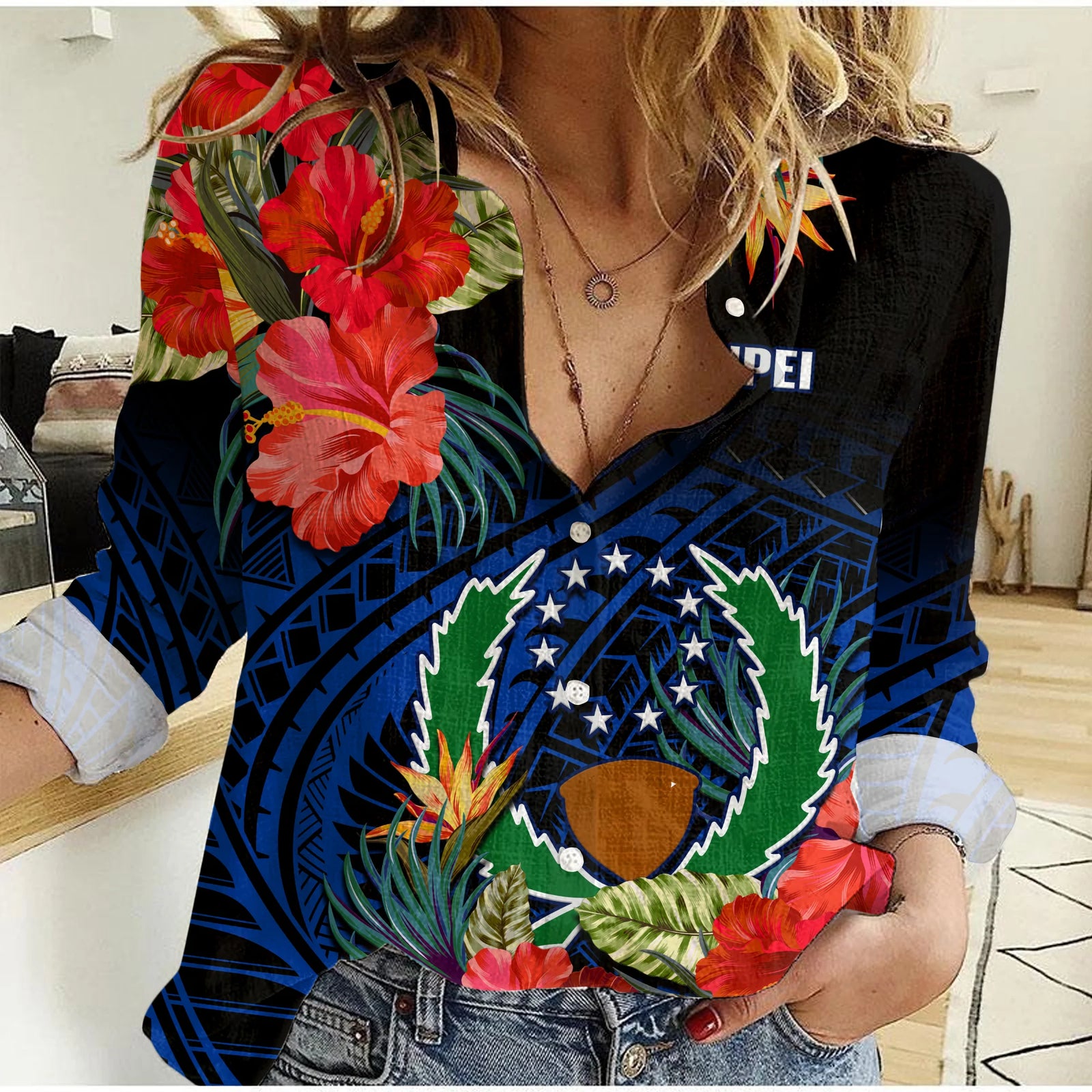 Pohnpei State Women Casual Shirt FSM Hibiscus Flowers Mix Polynesian LT14 Female Blue - Polynesian Pride