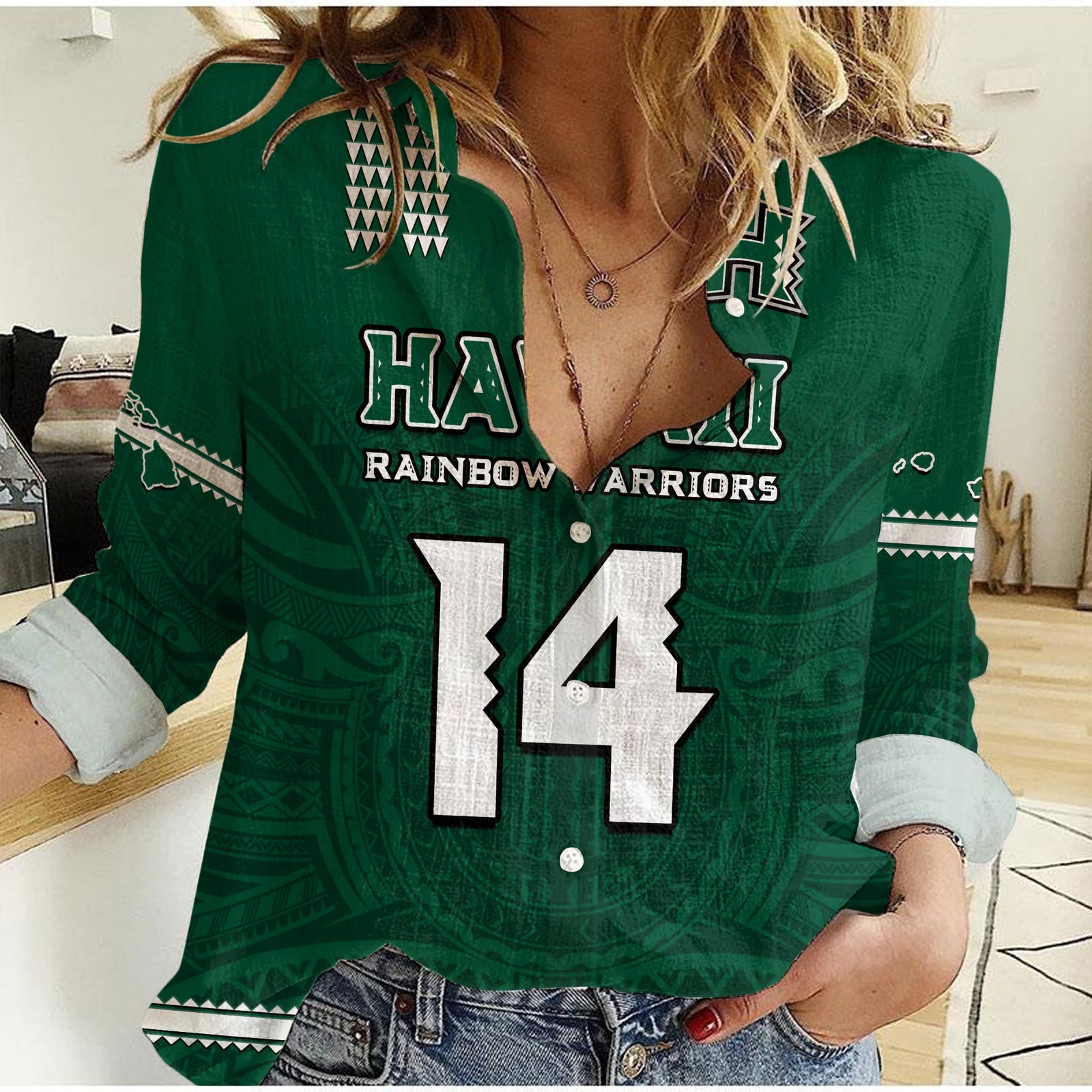 (Custom Text And Number) Hawaii Football Women Casual Shirt Kakau Rainbow Warriors Helmet Go Bows LT14 Female Green - Polynesian Pride