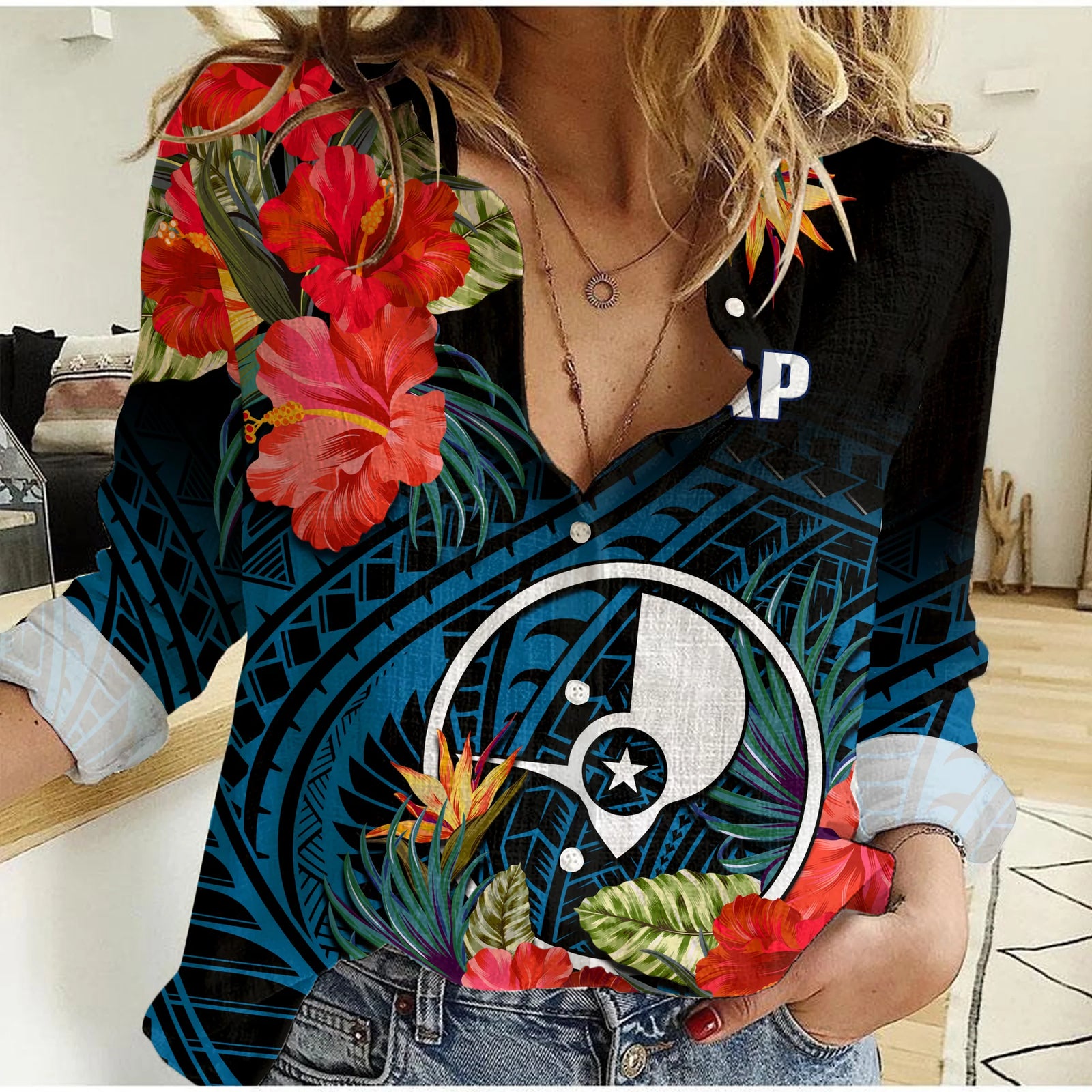 Yap State Women Casual Shirt FSM Hibiscus Flowers Mix Polynesian LT14 Female Blue - Polynesian Pride