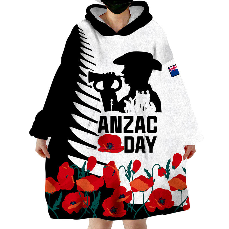 (Custom Personalised) New Zealand ANZAC Day Wearable Blanket Hoodie Military Silver Ferns and Red Poppy LT9 Unisex One Size - Polynesian Pride