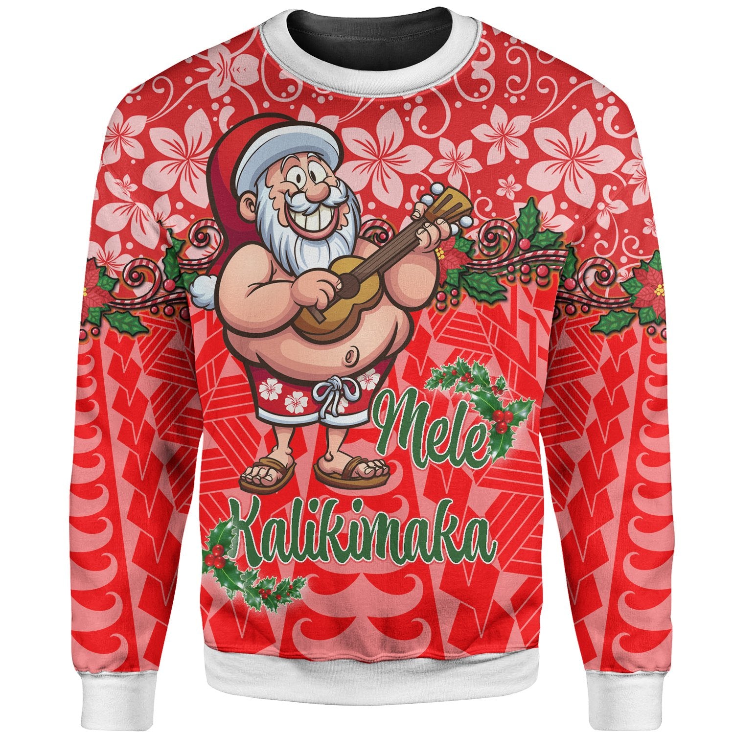 Christmas Sweatshirt 01 - Santa Claus Playing The Ukulele Unisex Red - Polynesian Pride