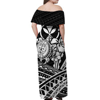 Hawaii Turtle With Hibiscus Tribal Off Shoulder Dress White - LT12 - Polynesian Pride