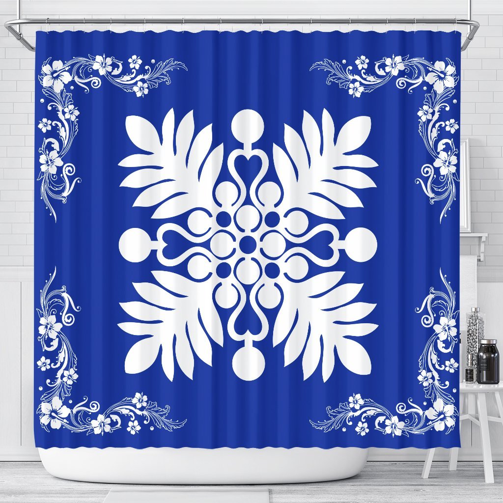 Hawaiian Quilt Maui Plant And Hibiscus Shower Curtain - White Blue - AH 177 x 172 (cm) White - Polynesian Pride