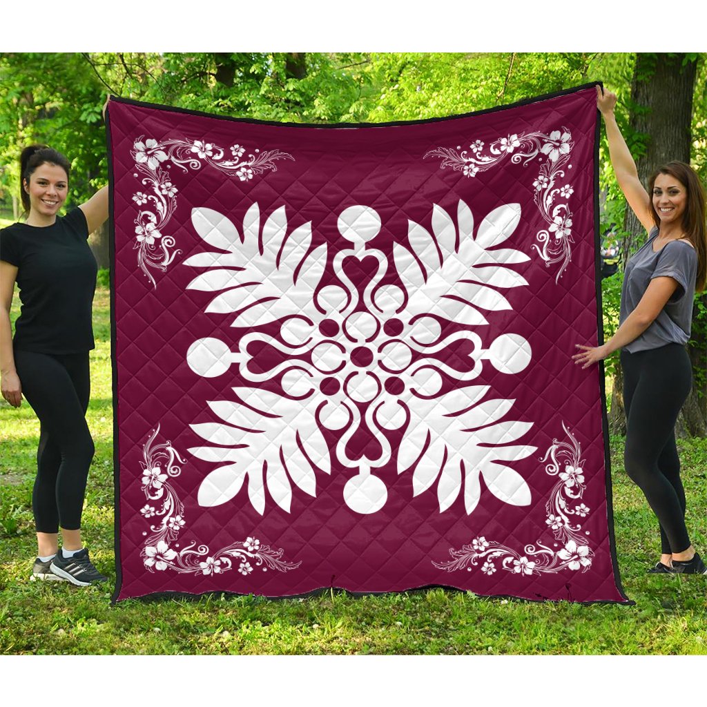 Hawaiian Quilt Maui Plant And Hibiscus Premium Quilt - White Burgundy - AH White - Polynesian Pride