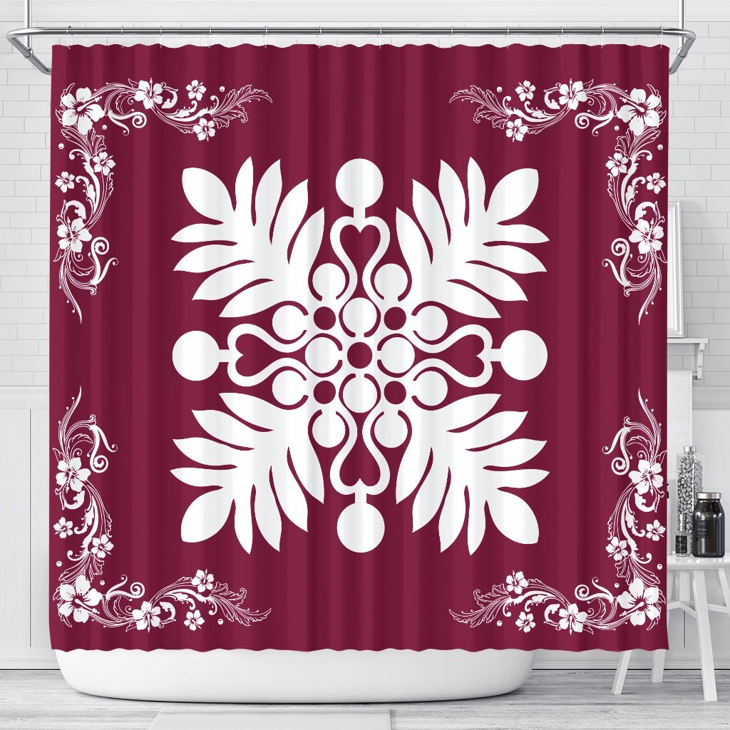 Hawaiian Quilt Maui Plant And Hibiscus Shower Curtain - White Burgundy - AH 177 x 172 (cm) White - Polynesian Pride