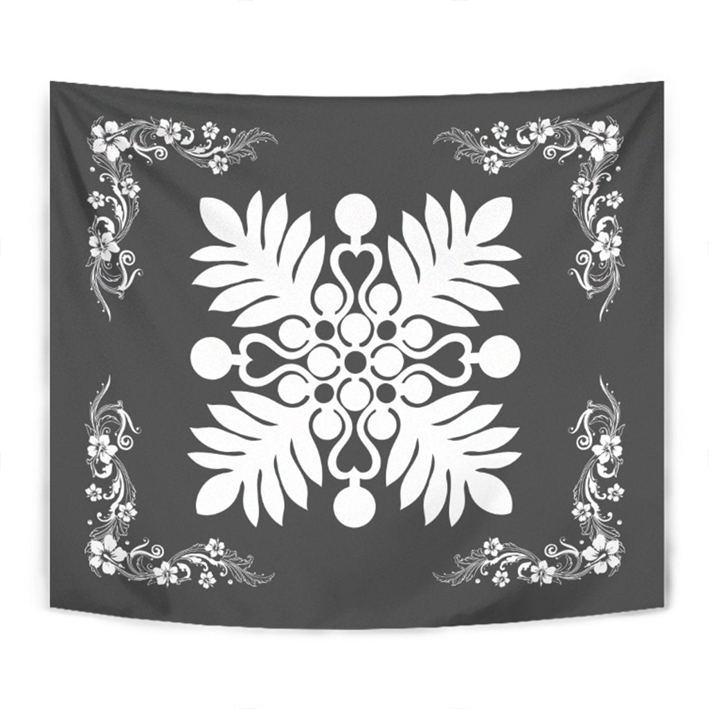 Hawaiian Quilt Maui Plant And Hibiscus Tappestry - White Gray - AH Wall Tapestry White - Polynesian Pride