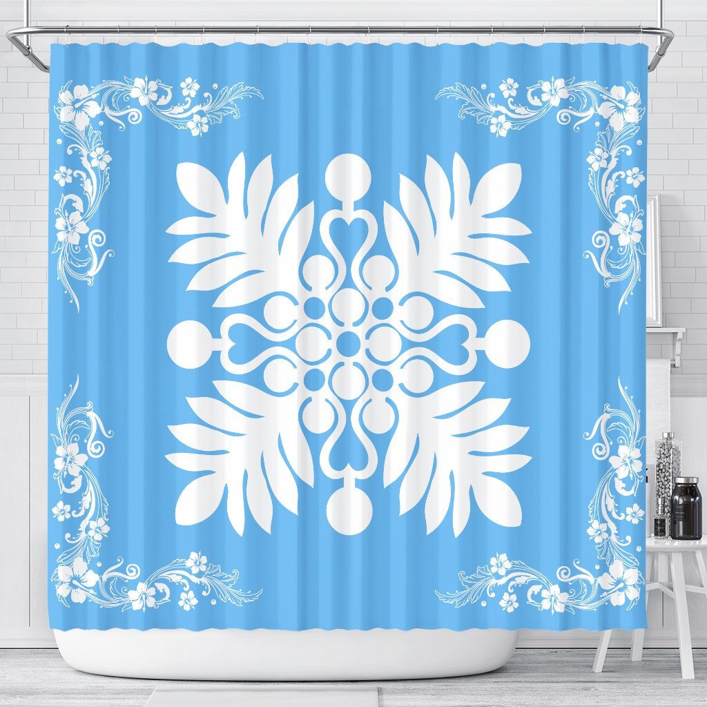 Hawaiian Quilt Maui Plant And Hibiscus Shower Curtain - White Pastel - AH 177 x 172 (cm) White - Polynesian Pride