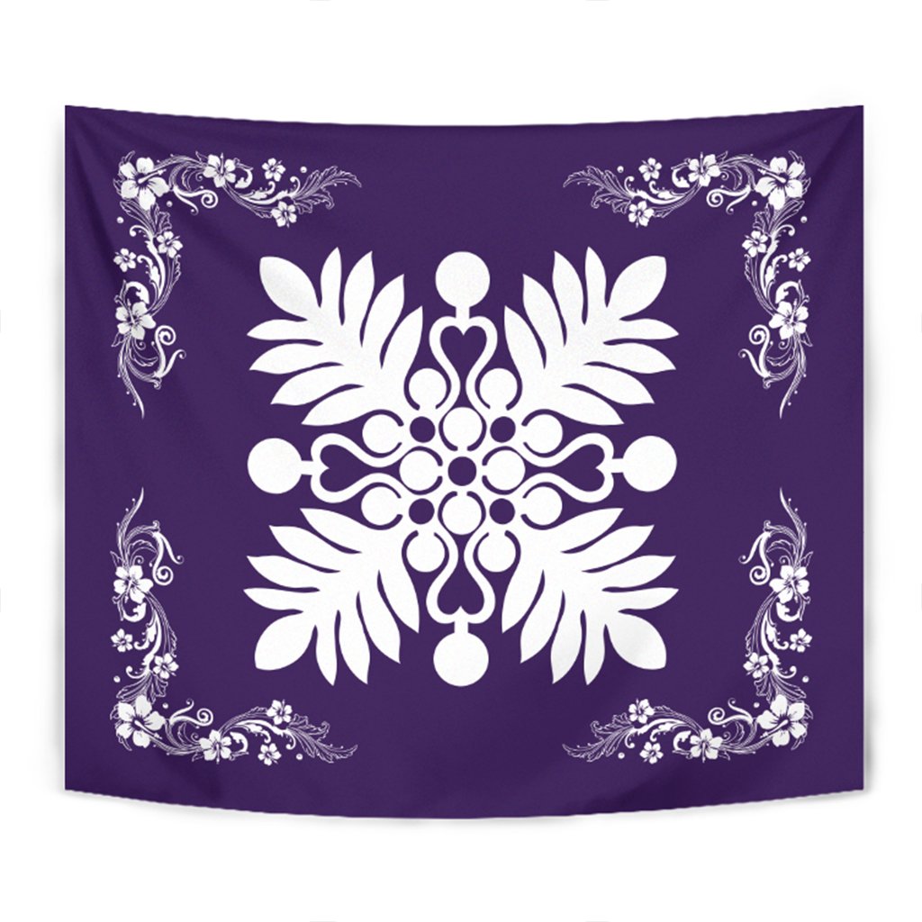 Hawaiian Quilt Maui Plant And Hibiscus Tappestry - White Purple - AH Wall Tapestry White - Polynesian Pride