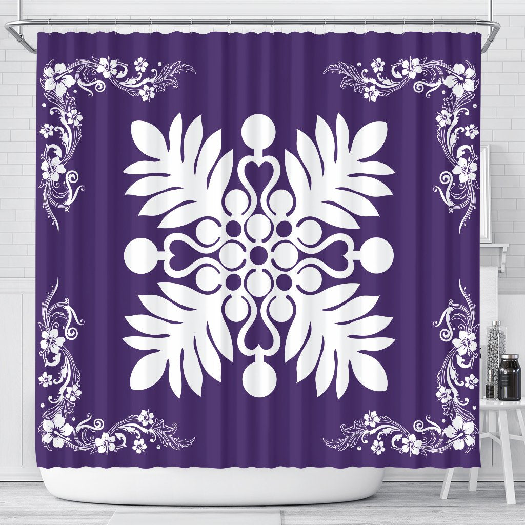 Hawaiian Quilt Maui Plant And Hibiscus Shower Curtain - White Purple - AH 177 x 172 (cm) White - Polynesian Pride