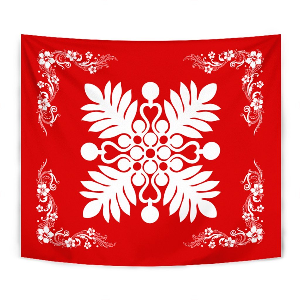 Hawaiian Quilt Maui Plant And Hibiscus Tappestry - White Red - AH Wall Tapestry White - Polynesian Pride