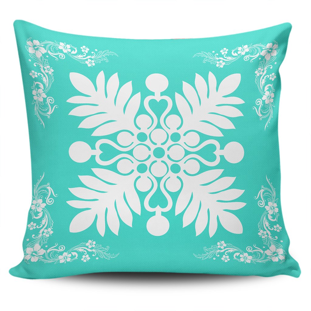 Hawaiian Quilt Maui Plant And Hibiscus Pattern Pillow Covers - White Turquoise - AH One Size White - Polynesian Pride