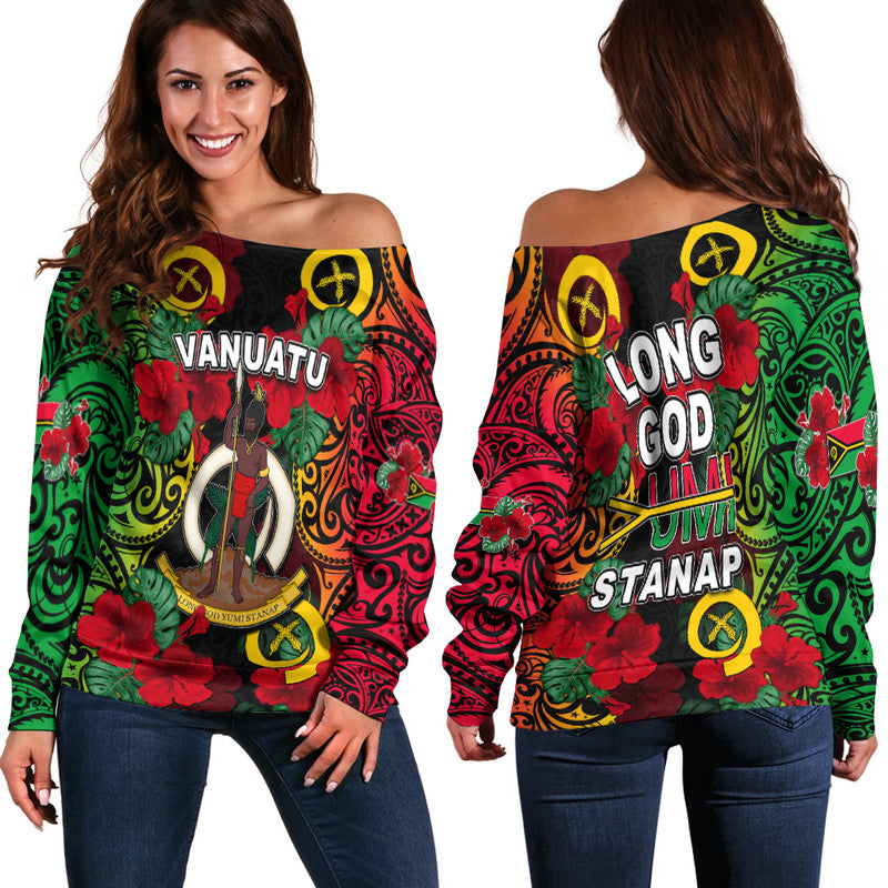Vanuatu And Hibiscus Off Shoulder Sweater LT6 Women Black - Polynesian Pride