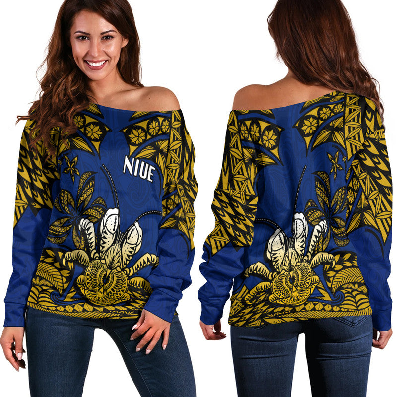 Niue Uga Off Shoulder Sweater Tribal Patterns Blue Style LT6 - Polynesian Pride