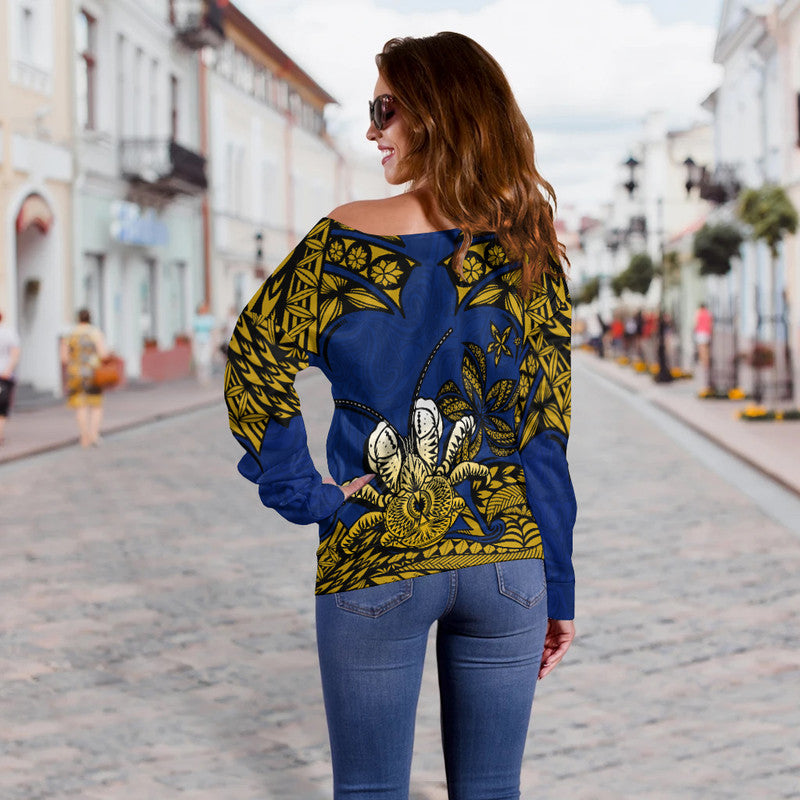 Niue Uga Off Shoulder Sweater Tribal Patterns Blue Style LT6 - Polynesian Pride