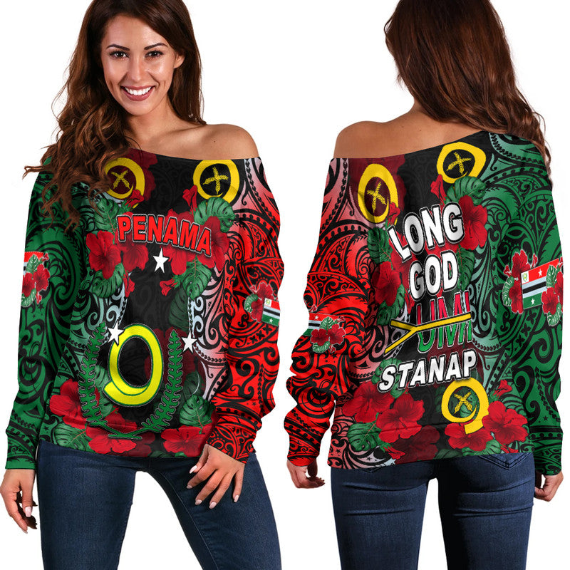 Vanuatu Penama And Hibiscus Off Shoulder Sweater LT6 Women Black - Polynesian Pride