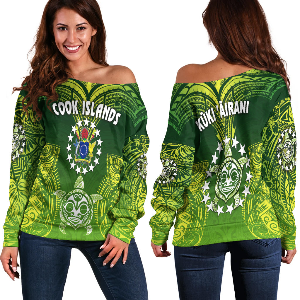 Cook Islands Women Off Shoulder Sweater Happy Independence Anniversary LT8 Green - Polynesian Pride