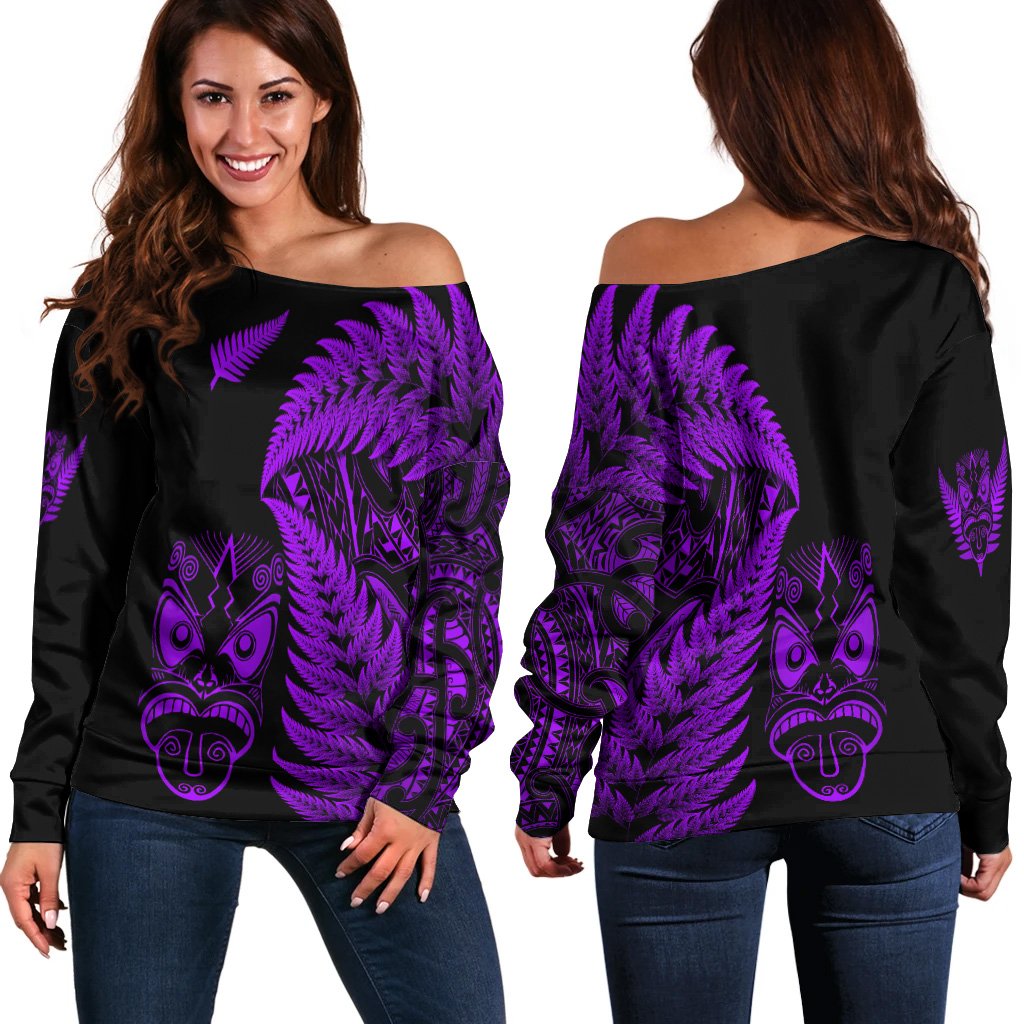 New Zealand Haka Rugby Maori Women Off Shoulder Sweater Silver Fern Vibes - Purple LT8 Women Purple - Polynesian Pride