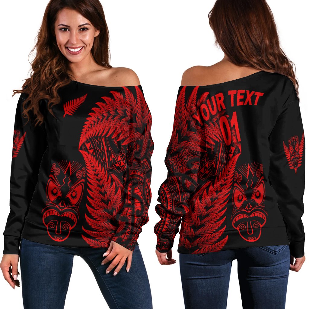 (Custom Personalised) New Zealand Haka Rugby Maori Women Off Shoulder Sweater Silver Fern Vibes - Red LT8 - Polynesian Pride