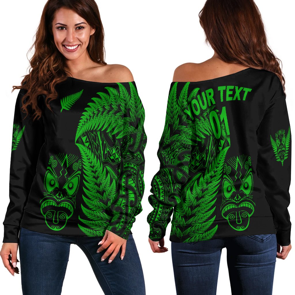 (Custom Personalised) New Zealand Haka Rugby Maori Women Off Shoulder Sweater Silver Fern Vibes - Green LT8 - Polynesian Pride