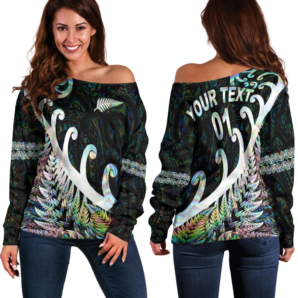 (Custom Personalised) New Zealand Rugby Maori Women Off Shoulder Sweater Silver Fern Koru Vibes - Paua Shell LT8 - Polynesian Pride