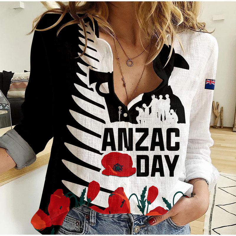 (Custom Personalised) New Zealand ANZAC Day Women Casual Shirt Military Silver Ferns and Red Poppy LT9 Female Black - Polynesian Pride