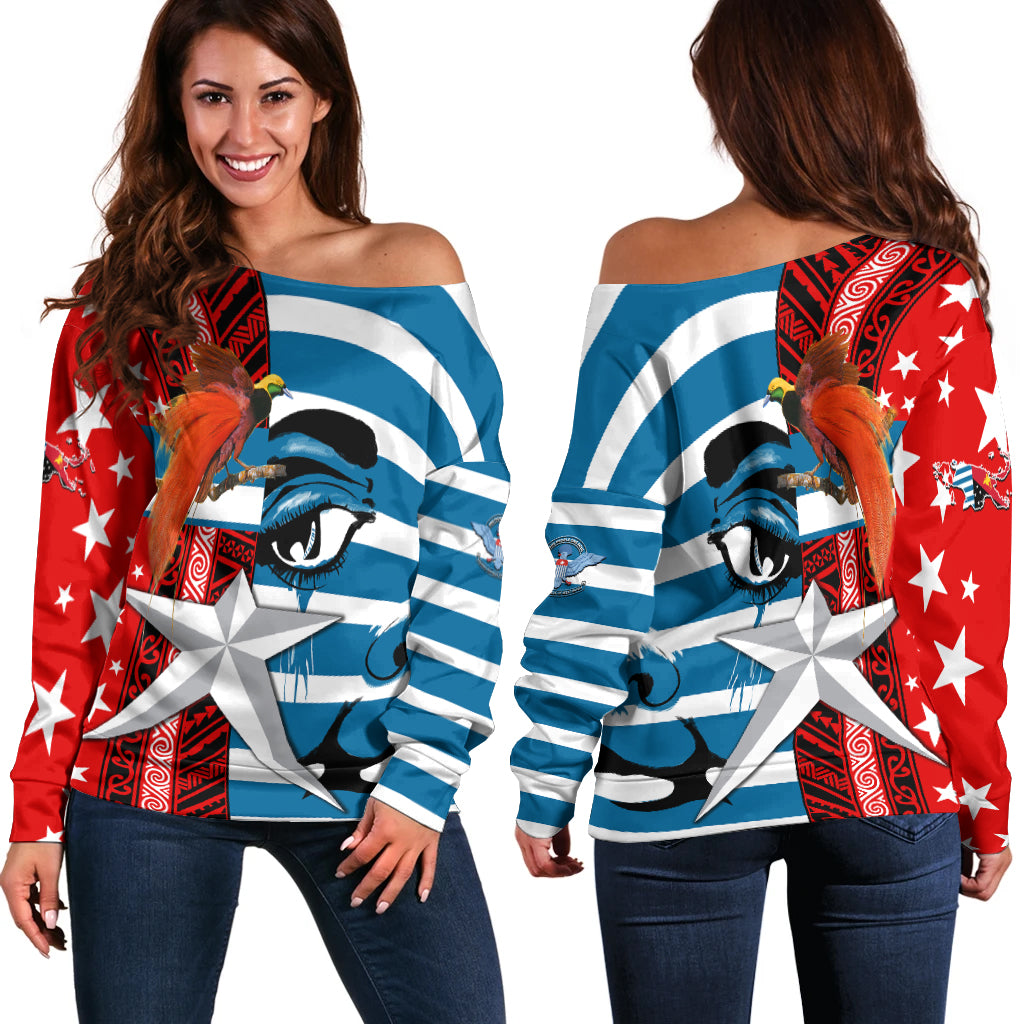 Free West Papua Birds Of Paradise Polynesia Women Off Shoulder Sweater - LT2 Women BLUE - Polynesian Pride