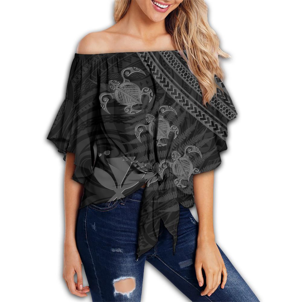 Hawaii Kanaka Turtle Fern Leaves Polynesian Women's Off Shoulder Wrap Waist Top - Quini Style - AH Female Grey - Polynesian Pride