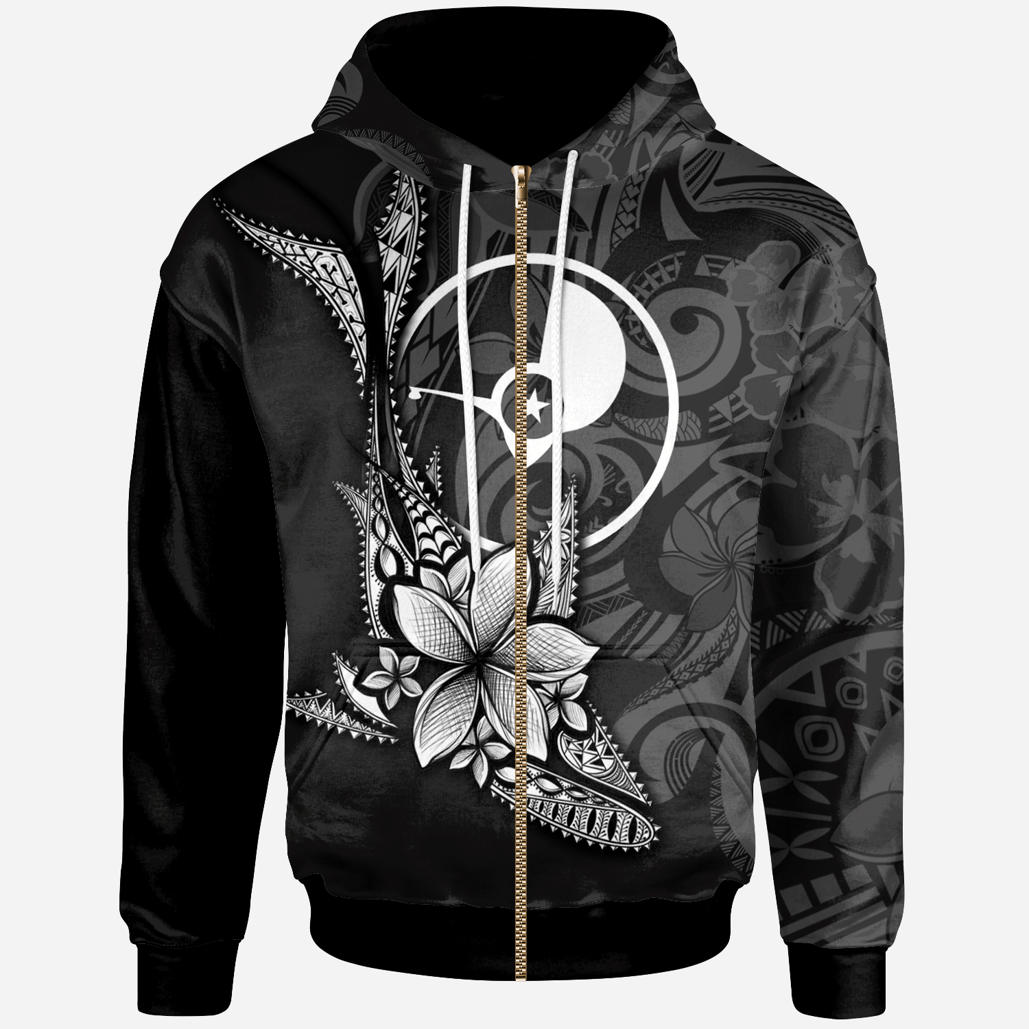 Yap State Custom Zip Hoodie Fish With Plumeria Flowers Style Unisex Black - Polynesian Pride