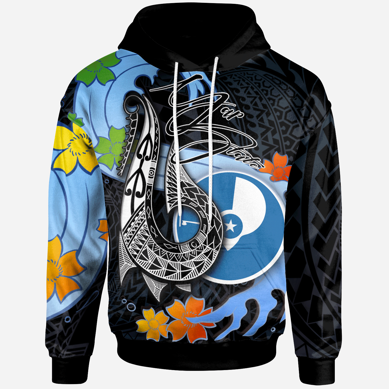 Yap State Hoodie Fish Hooks and Wave Unisex Black - Polynesian Pride