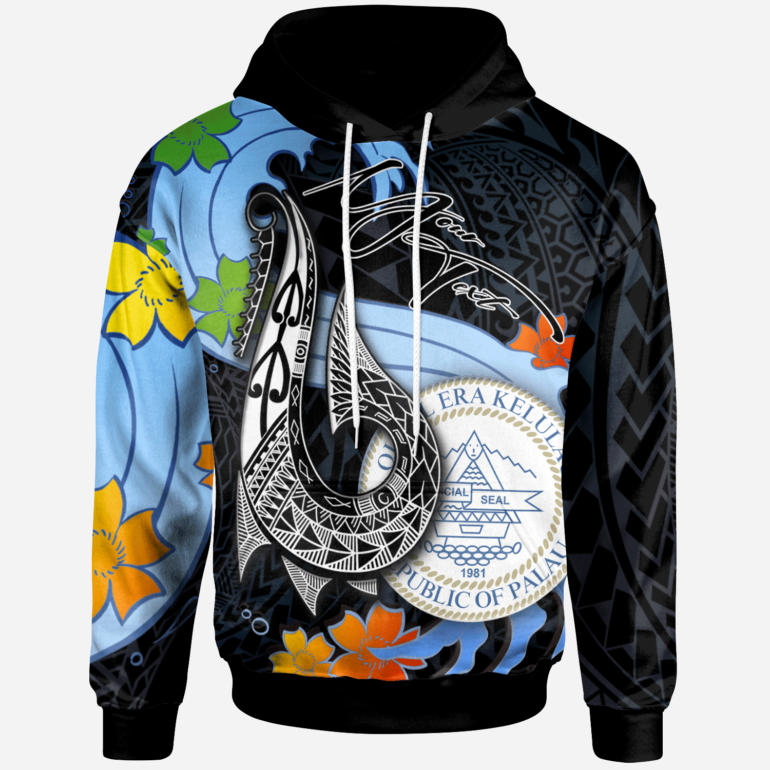 Palau Custom Hoodie Fish Hooks and Wave Unisex Black - Polynesian Pride