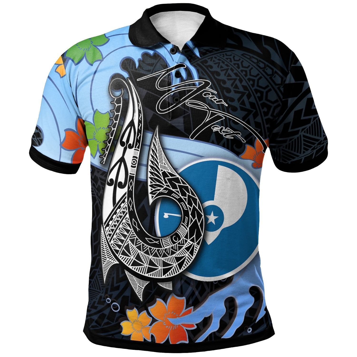 Yap State Custom Polo Shirt Fish Hooks and Wave Unisex Black - Polynesian Pride